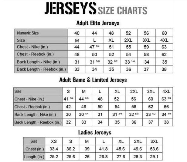 reebok jersey size chart compared to nike