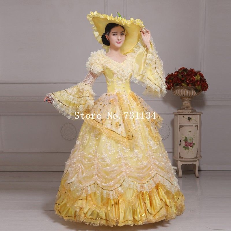 Victorien Médiéval Renaissance costume robe fantaisie dentelle Théâtre robe de bal jaune 