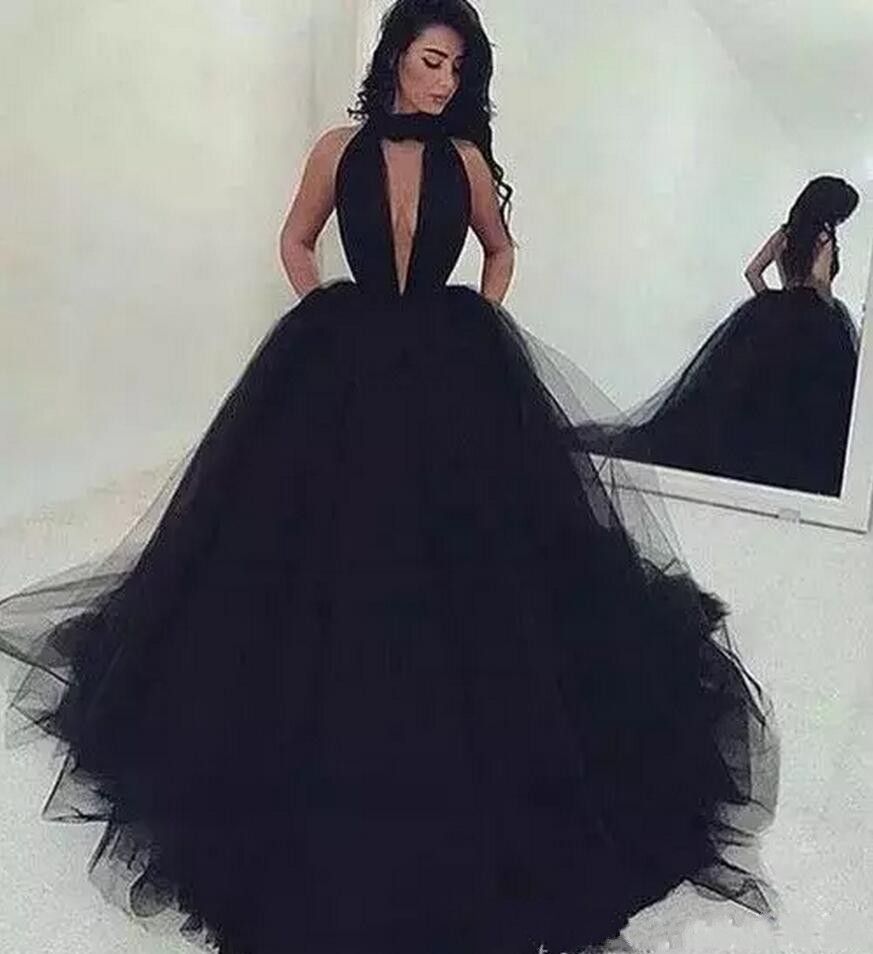 Arabic Sexy Backless Puffy Black Tulle 