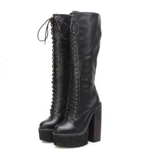 Fashion Platform Wedge Heels Knee Boots As Jeffrey Campbell Chunky Heel 15cm High Heeled Lace Up 