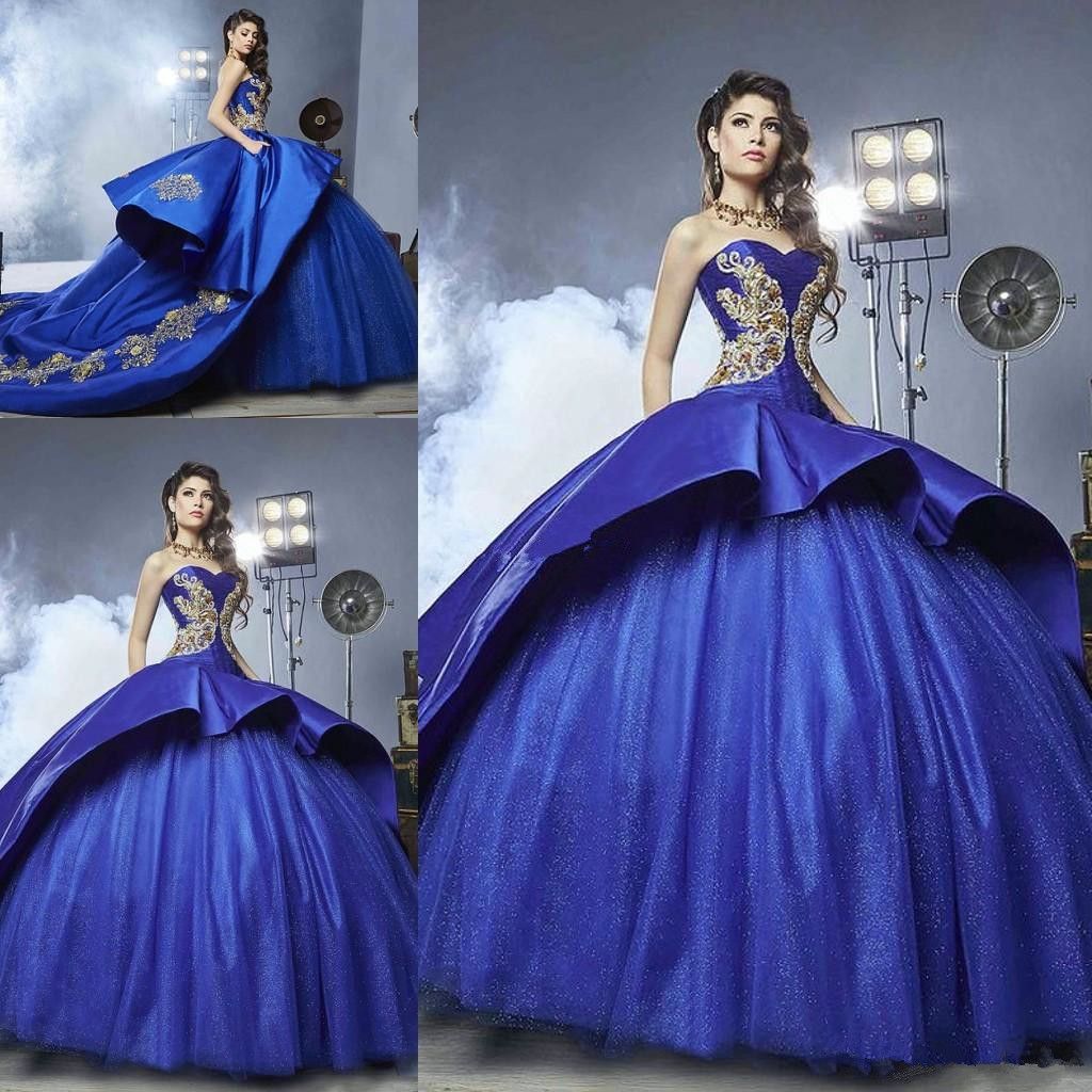 Royal Blue Cathedral Train Quinceanera Dresses 2018 Sparkly Gold Detail Sweet 16 Girls Ball Gowns Plus Size Masquerade Prom Party Dress Western