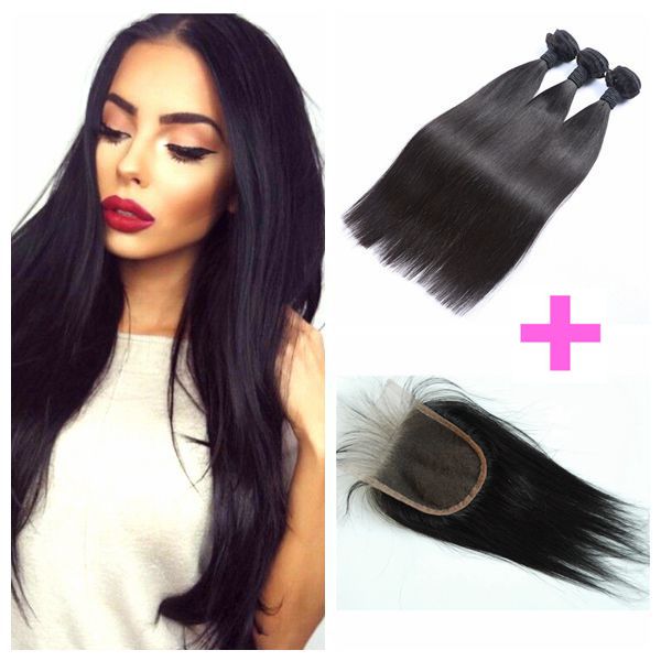 8 30inch Peruvian Straight Hair Lace Closure With 3 Bundles Human