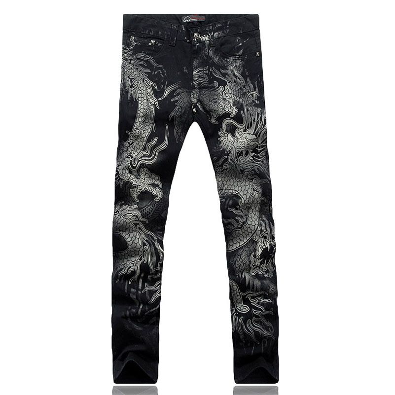 2021 Mens Fashion Dragon Print Jeans Male Colored Drawing Painted Slim ...