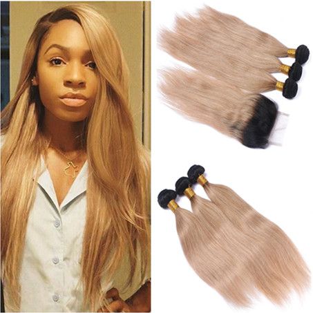 1b 27 Honey Blonde Ombre Virgin Brazilian Hair Weaves With Lace