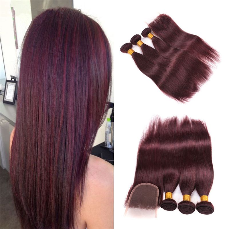 99j Peruvian Straight Hair With Closure Burgundy Hair 3 Bundles