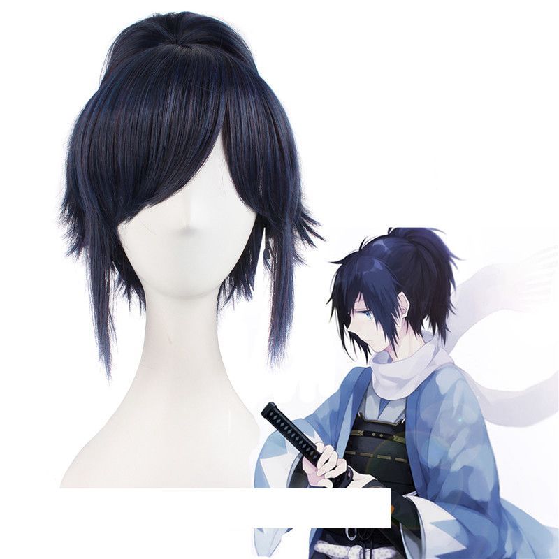 Short Curly 12 30cm Black Mix Blue Cosplay Wigs Men Synthetic Hair