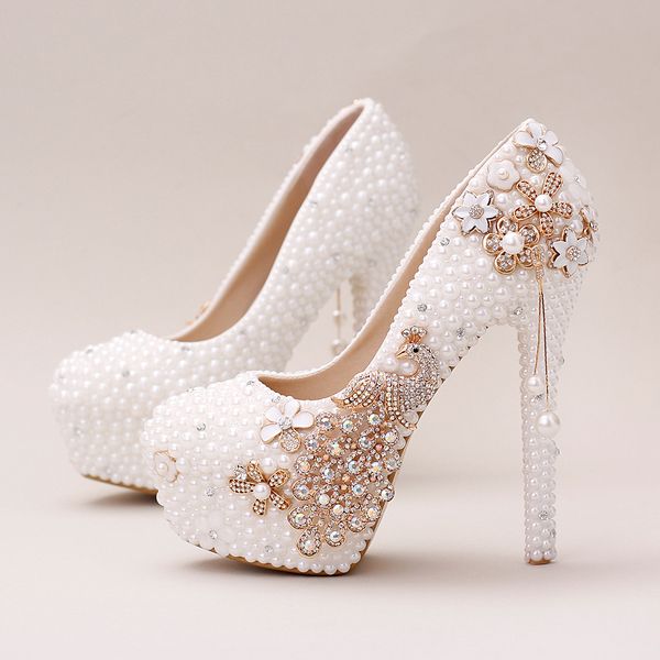 Handmade White Pearl Gold Phoenix Wedding Bridal Shoes With