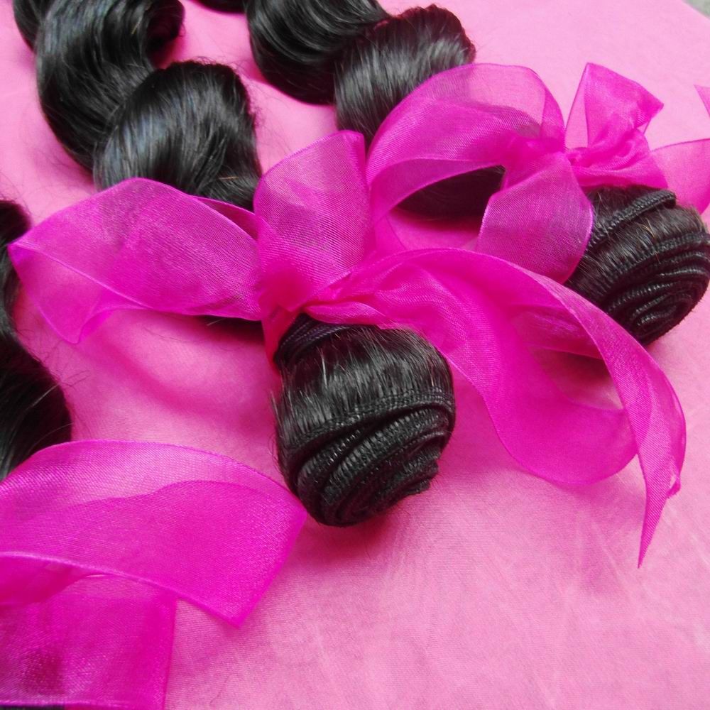 2 Bundles Virgin Indian Loose Curls Thick Bundles Pink Ribbon