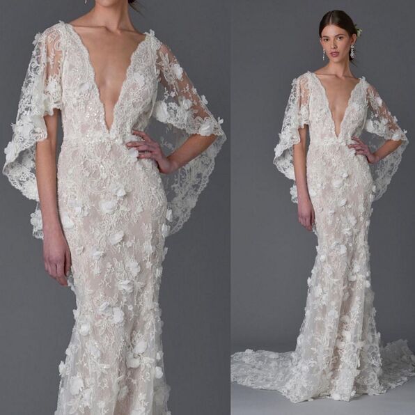 3d Floral Dubai Ayaba Bell Sleeve Mermaid Beach Wedding Dresses