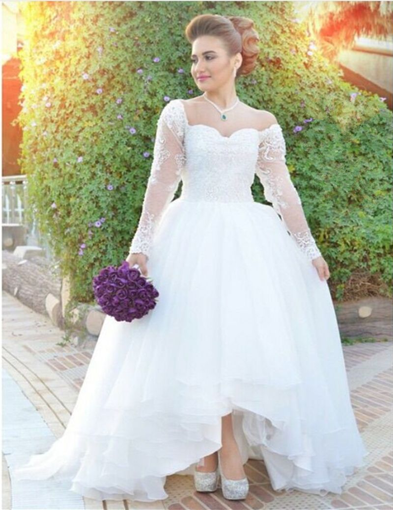 Discount Arabic Fashion High Low Wedding Dresses 2016 Long Sleeves