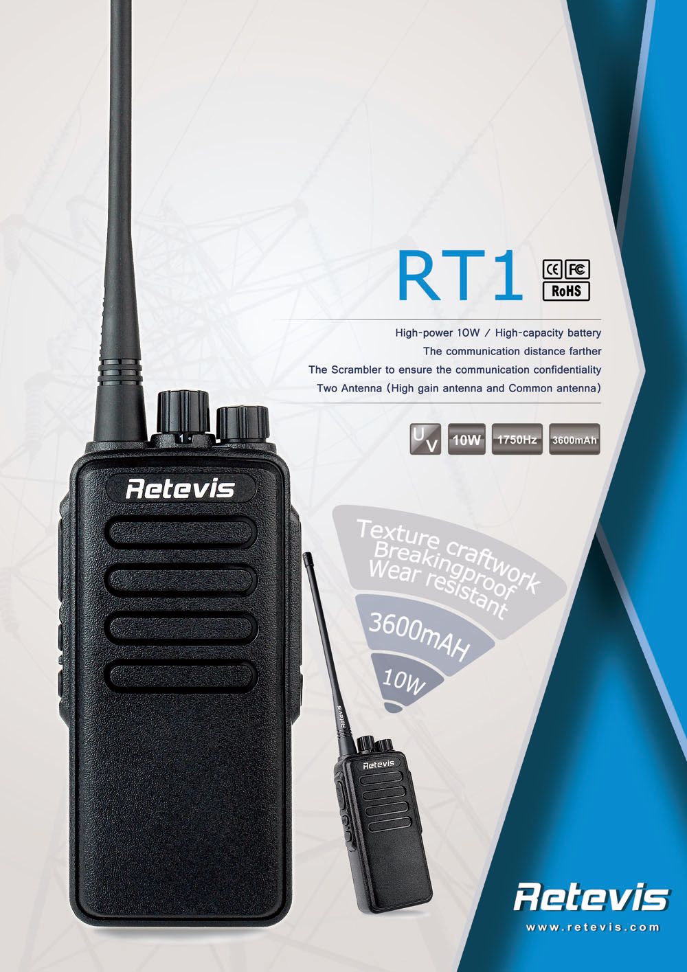 RETEVIS RT1 10W Walkie Talkie VHF136-174 MHz Scrambler 1750Hz Two Way Radio New