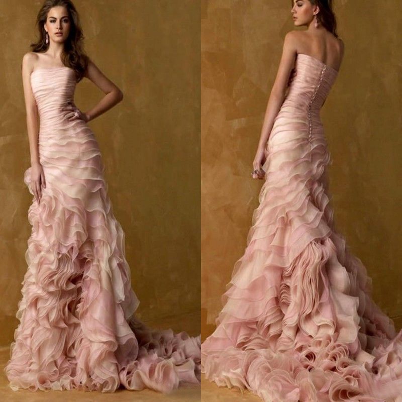 Romantic ful Wedding Dresses Blush Pink And Champagne Tiered Cascading