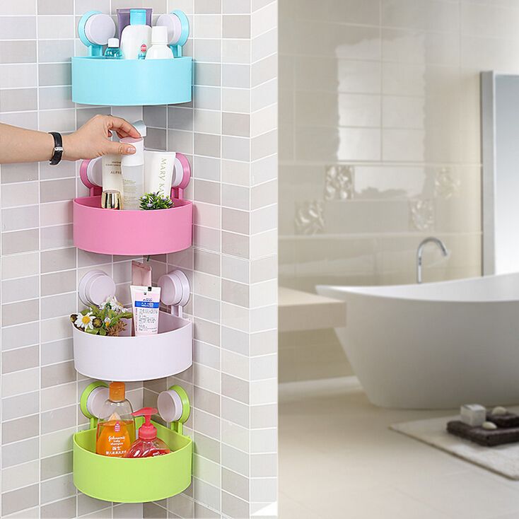 Brand: FlexiStore Type: Suction Mounted Bathroom Shelf Specs: Plastic,  Multifunctional, Corner Holder Keywords: Storage Organizer, Bathroom  Accessories Key Points: Space Saving, Easy To Install Main Features: Multi  Tiered Shelves, Drainage Holes Scope