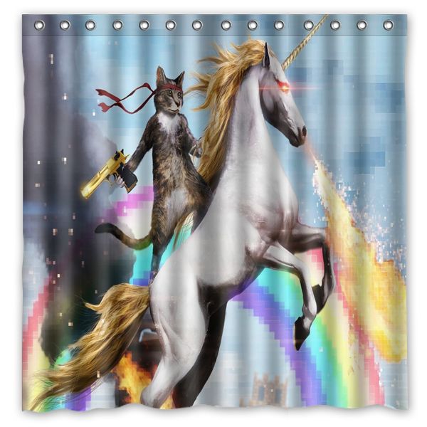 2020 Cat With A Gun Riding An Unicorn Design Shower Curtain Size 180 X 180 Cm Custom Waterproof Polyester Fabric Bath Shower Curtains From Littemanthree 25 13 Dhgate Com