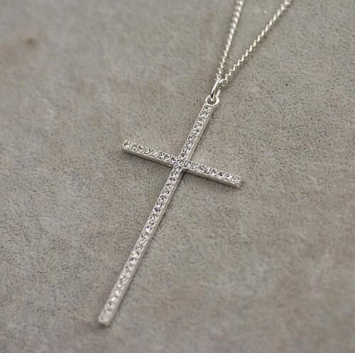 Women Crystal Rhinestone Silver Plated Cross Pendant Necklace Chain Jewelry