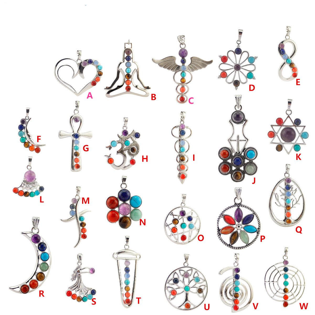 Natural Gemstones Moon Wings Cross Infinity Crown Chakra Healing Pendant Beads