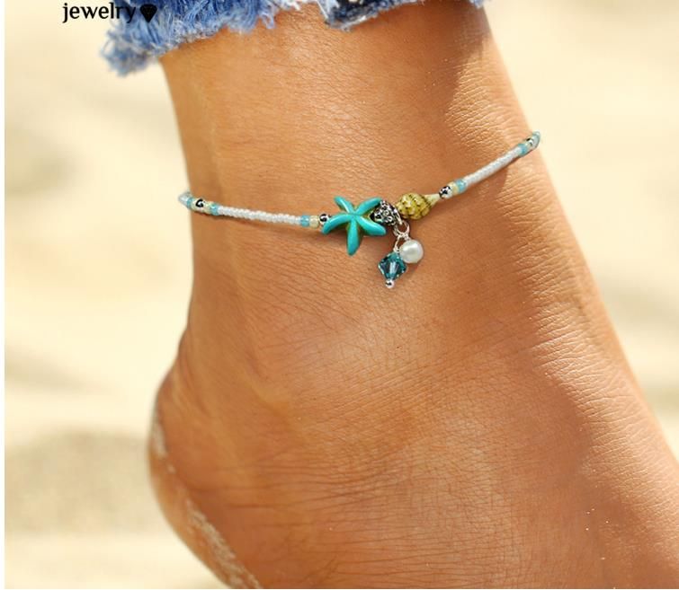 Diverso borde apoyo Pulsera tobillera perlas perlas estrellas de mar tobilleras para mujer 2017  Moda mano Sandalias descalzo sandalias