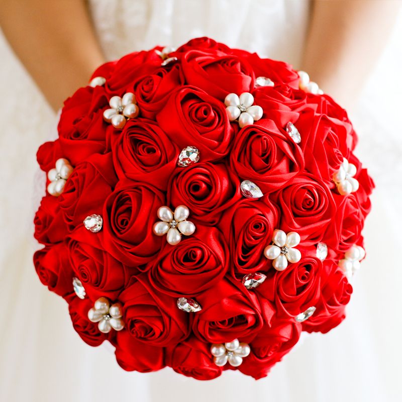 Acheter Jane Vini 2018 Bouquets De Mariée En Cristal Rouge Avec Des Perles Perles Mariée Broche Bouquet De Satin Roses Fleurs De Mariée Romantiques