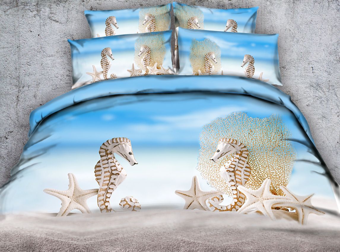 Blue Beach Fossil Seahorse 3d Printed Bedding Sets Twin Full Queen