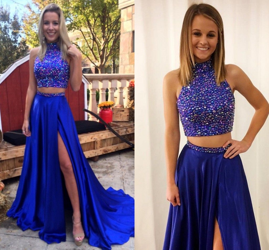 Piedras de imitación con cuentas Crop Top de dos piezas Vestidos de baile Cuello alto Largos vestidos de fiesta Sexy Split Side vestido largo de fiesta Formata Piedras de imitación con cuentas Crop Top de dos piezas Vestidos de baile Cuello alto Largos vestidos de fiesta Sexy Split Side vestido largo de fiesta Formata