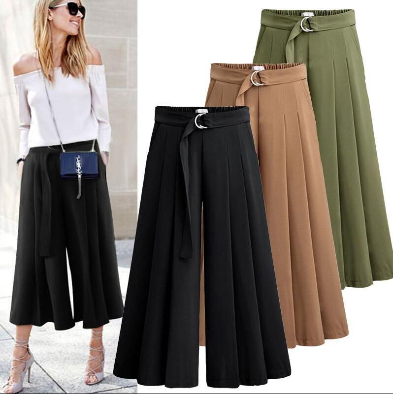 2019 Plus Size Fashion Womens Wide Leg Casual Long Pants High