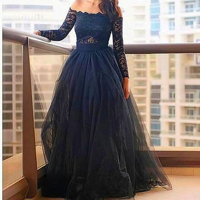 Compra Fuera Del Hombro Cuello Barco Vestido De Fiesta Negro Vestido De  Noche Árabe Vestido De Noche De Manga Larga Con Encaje De Tul Top Elegante  Vestido De Noche Barato | Entrega