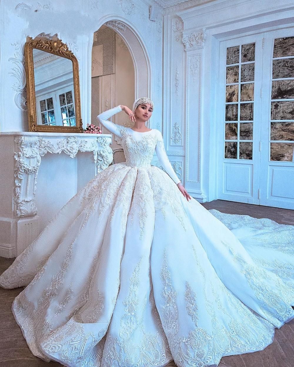 Discount Luxurious Amazing Long Train Muslim Wedding Dresses Long