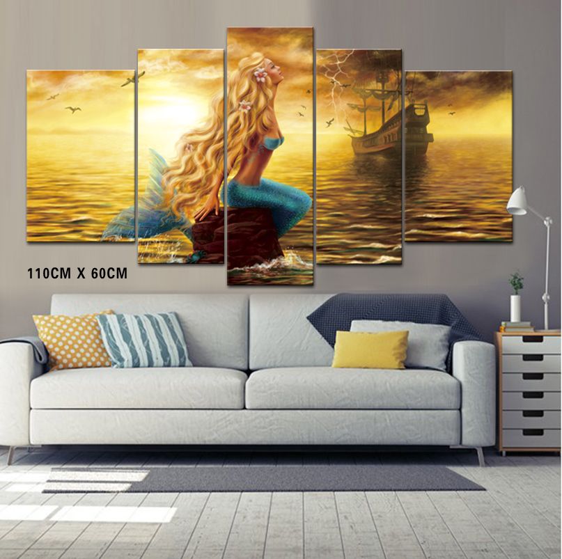 Mermaid and Pirate Ship Frameless Paintings Wall Art
