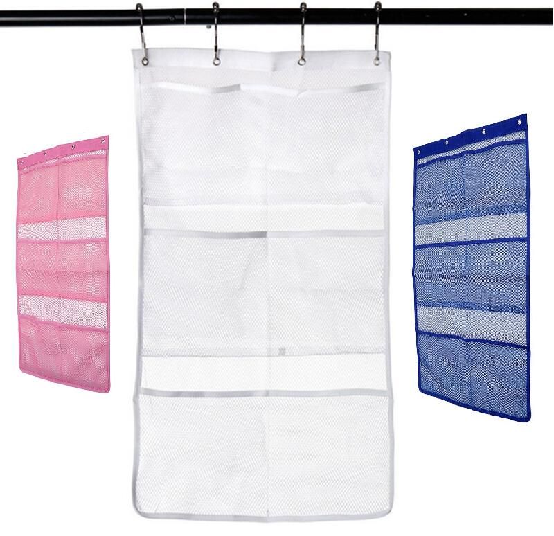 White Mesh Shower Organizer Shower Organizer Bathroom Accessories Quick Dry Hanging Bath Organizer with 6 Pockets Hang on Shower Curtain Rod // Liner Hooks