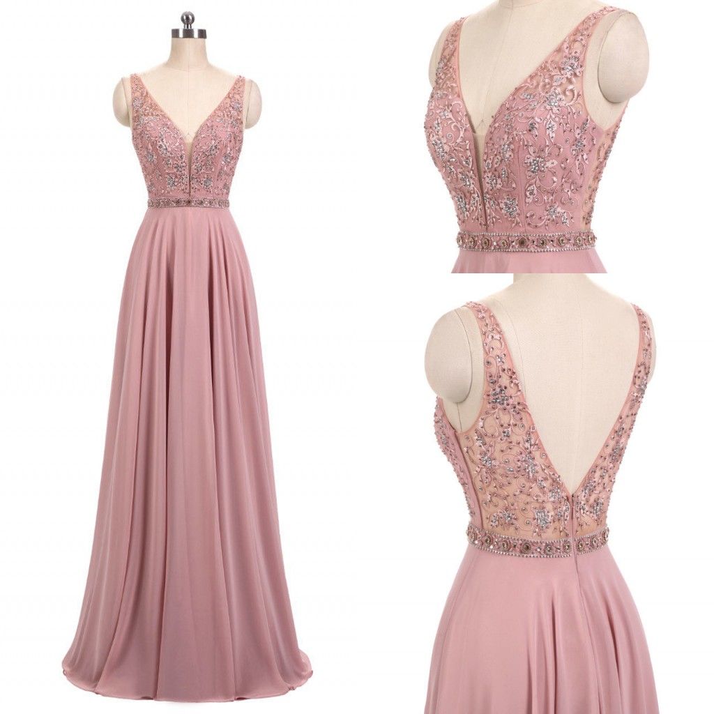 New 2018 Real Blush Pink Dresses V Neck Sleeveless Beads A Line Long