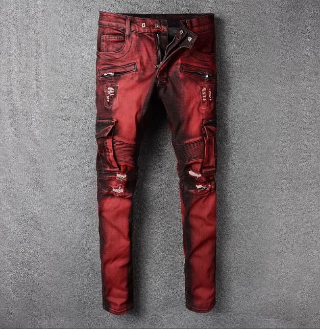 Lágrima rompecabezas aumento 2019 hombres pantalones vaqueros rojos Hombres Casual Moto Biker Jeans con  estilo Vintage Washed Denim Pantalones
