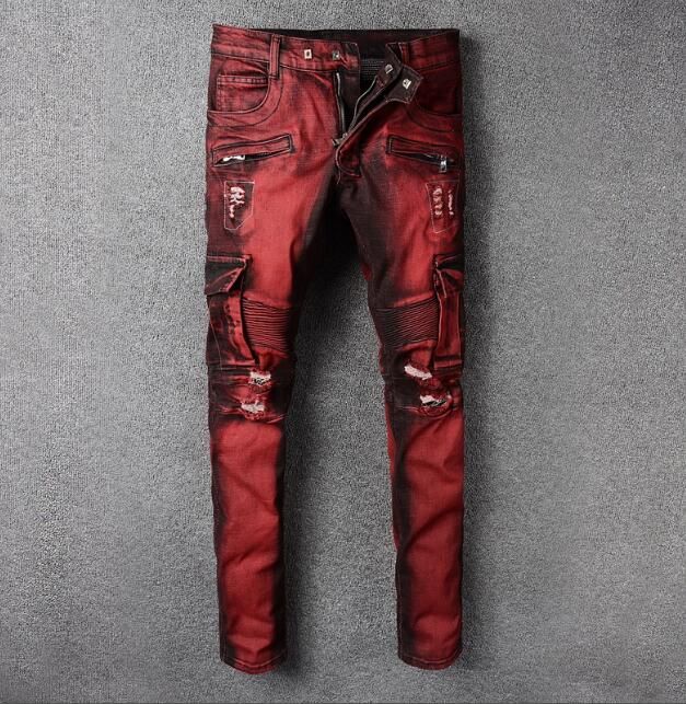 Acquistare 2019 Uomo Rosso Jeans Uomo Casual Moto Biker Jeans Alla Moda  Vintage Lavato Pantaloni Denim Pantaloni Rilassati Rosso Economico |  Consegna Veloce E Qualità | DHgate Italy