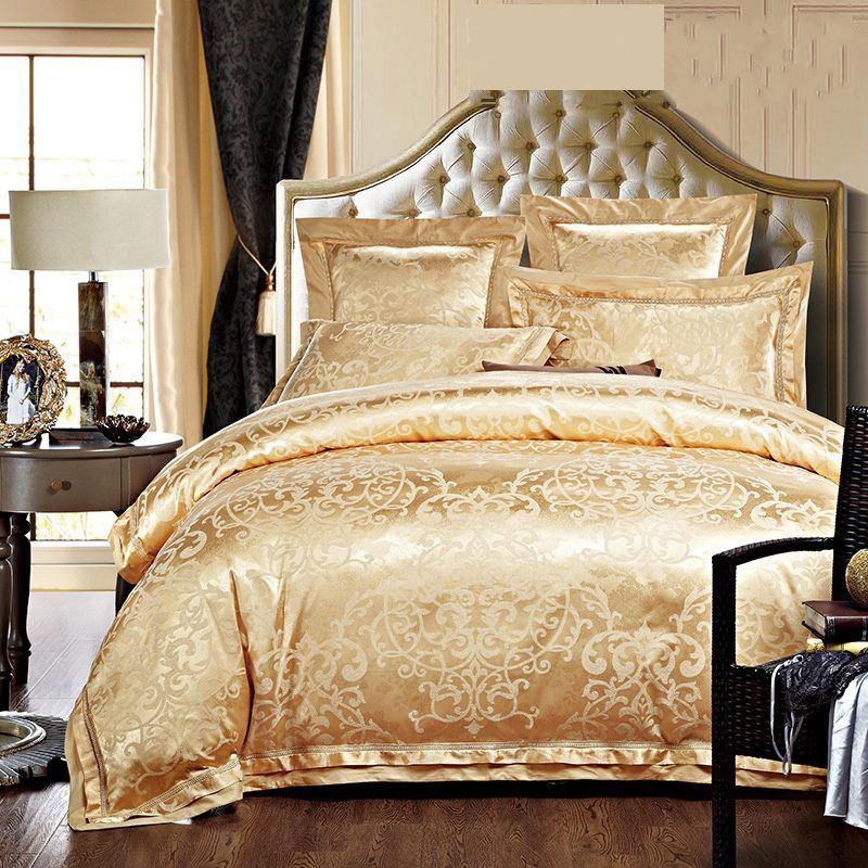 Gold White Blue Jacquard Silk Bedding Set Luxury 4 Satin Bed Sets