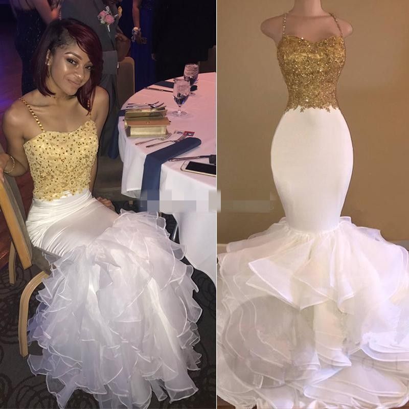 white and gold prom dress mermaid