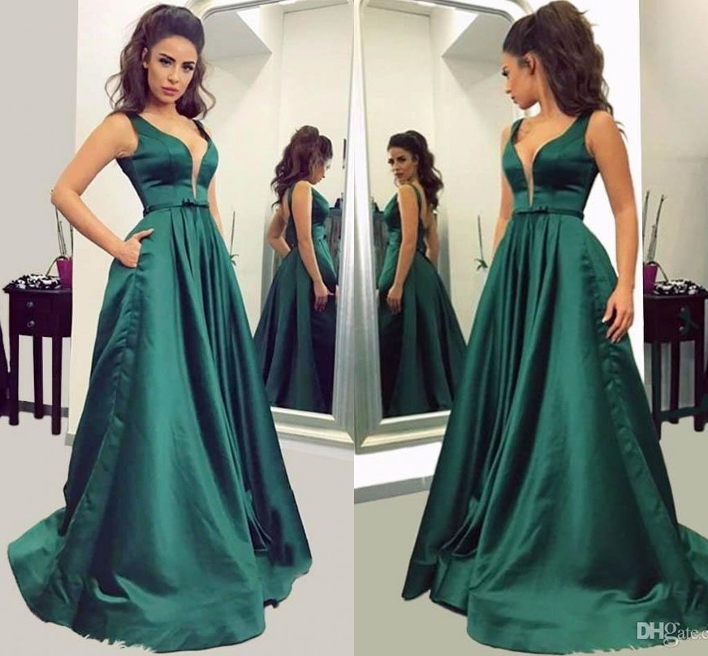 2018 Elegante, verde oscuro, una línea de vestidos de noche con cuello en V Vestidos largos 2018 Elegante, verde oscuro, una línea de vestidos de noche con cuello en V Vestidos largos