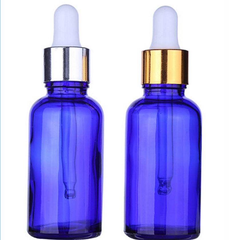 blue essential oil bottles