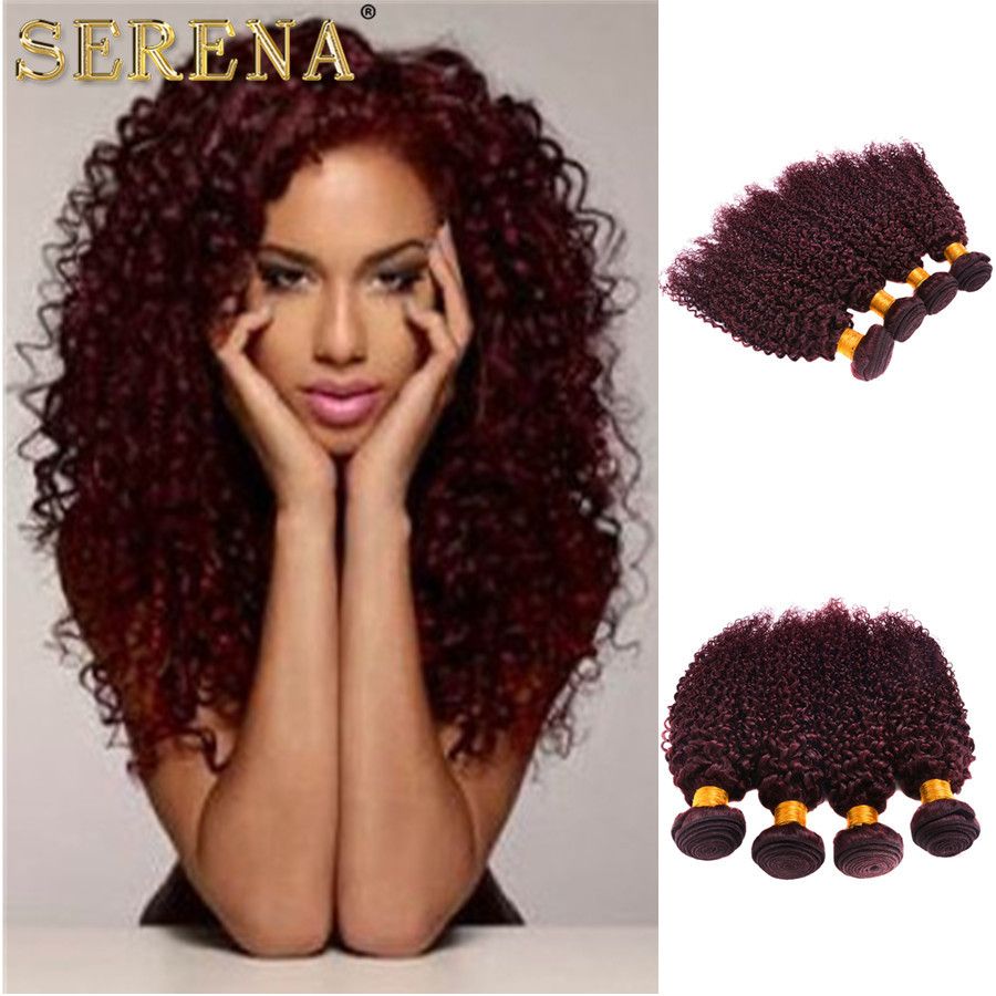 2017 New Style Burgundy Hair Extensions Kinky Curly 100g Brazilian Peruvian 99j Human Hair Weaves Red Wine Color Hair Bundles Extension Weft Seamless