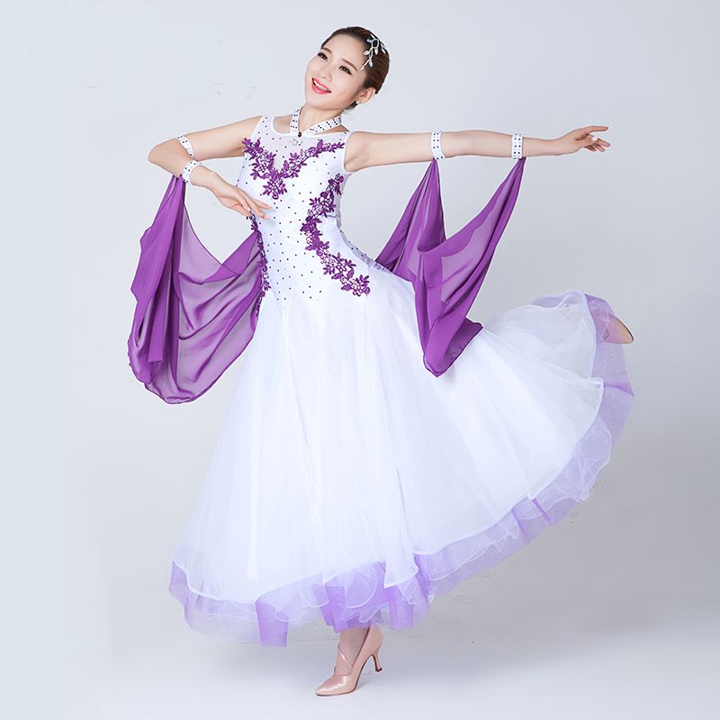 2019 Waltz Ballroom Dance Costumes Senior Embroidery Gauze Long Sleeves Ballroom Dance Dress For Women Ballroom Dance Competition Dresses From