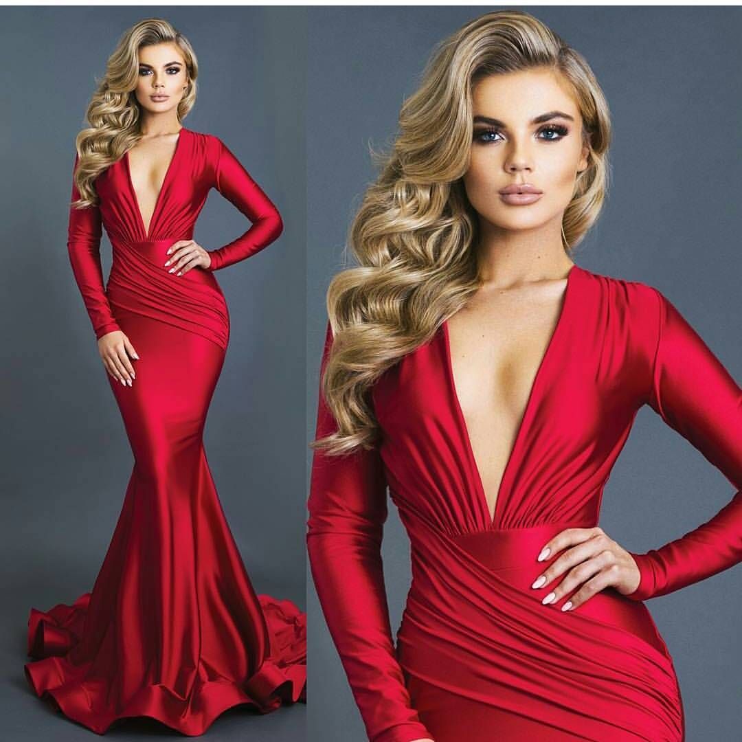 red long sleeve silk dress