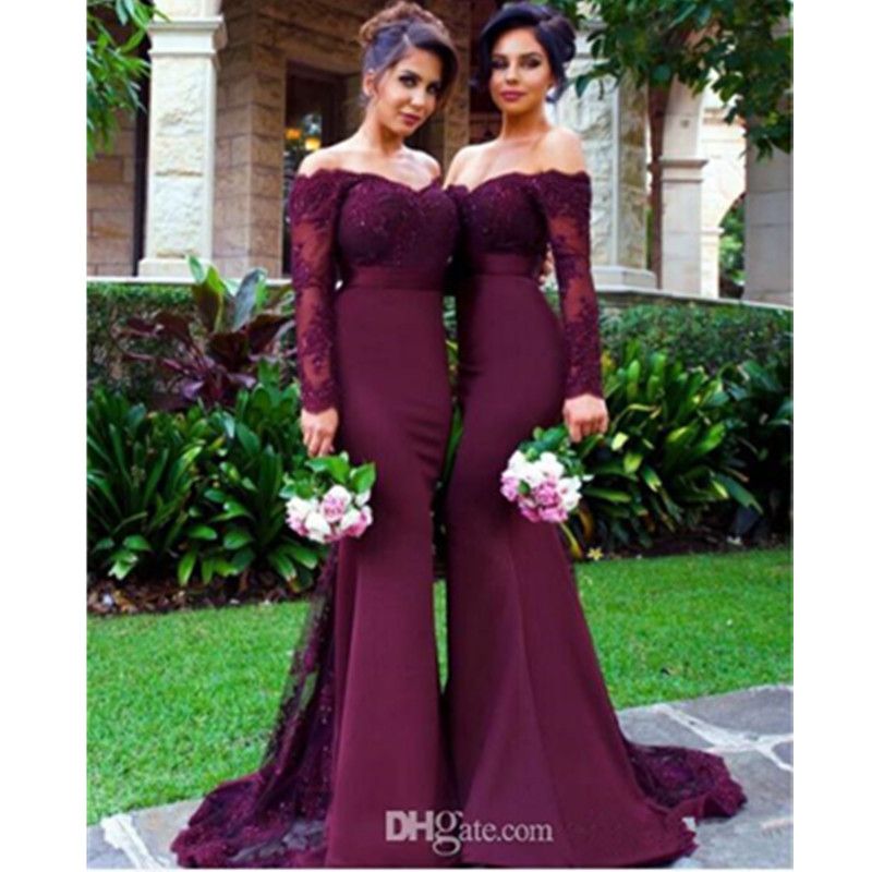 Color de uva Jardín Manga larga Sirena Vestidos de dama de honor Nuevo estilo Apliques Faja Color de uva Jardín Manga larga Sirena Vestidos de dama de honor Nuevo estilo Apliques Faja