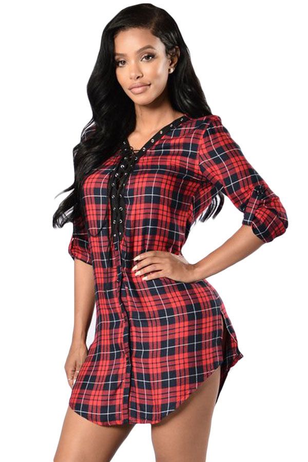 Red and black plaid shirt dress Clearance