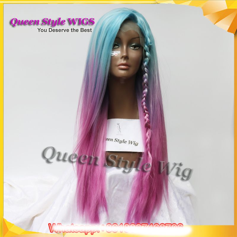 Pastel Blue Ombre Purple Rose Red Color Wigs Long Straight