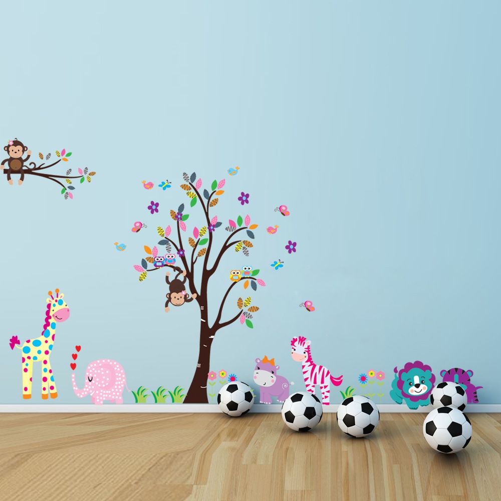 cartoon animals wall sticker with giraffe monkey lion owl pattern for kids room background art