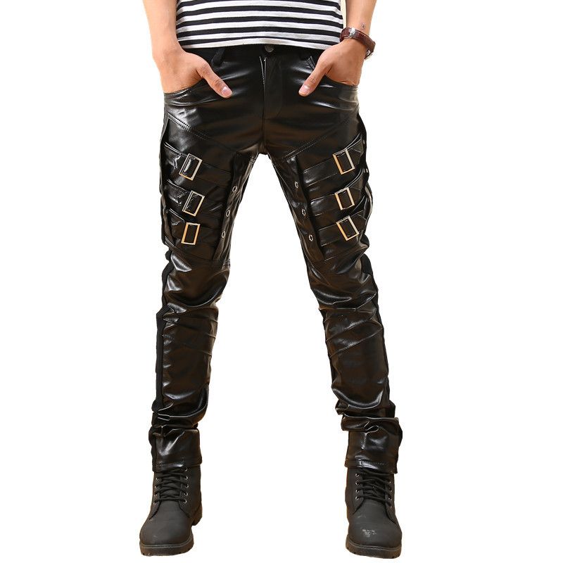 Pantalones de cuero Punk Rock para hombre, pantalones informales ajustados  de cuero PU para motocicleta, ropa de calle, hip hop|Pantalones informales|  - AliExpress
