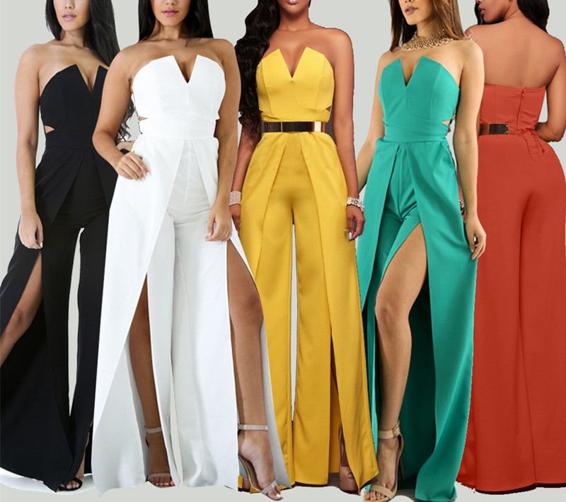 strapless split leg jumpsuit