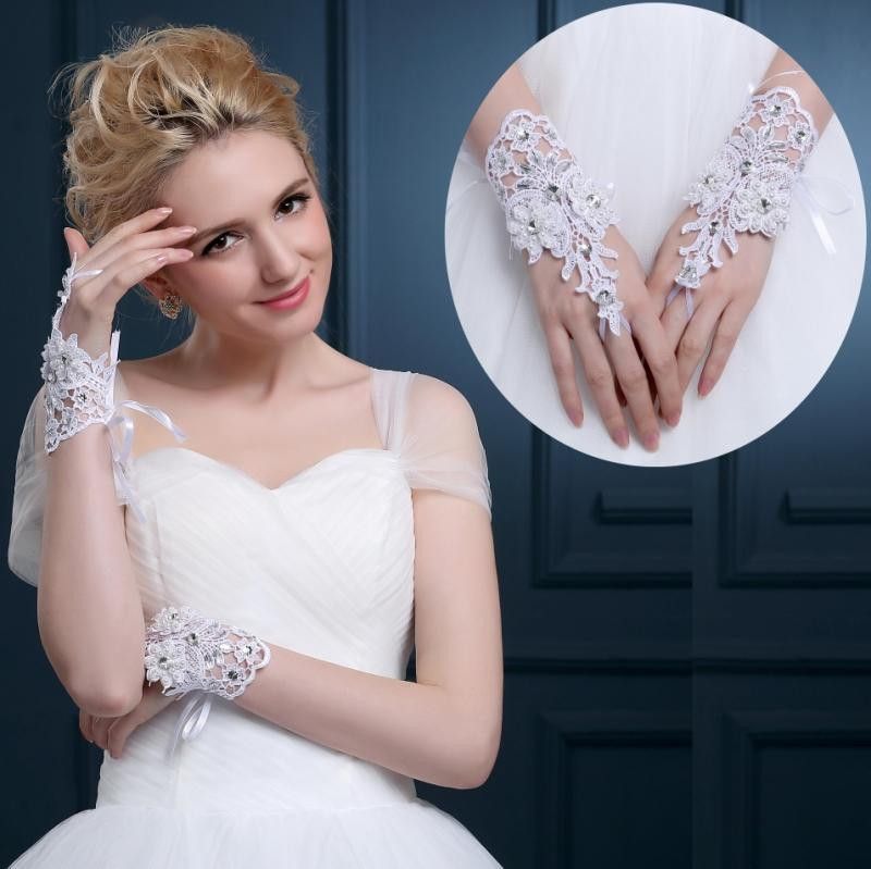 White Lace Rhinestone Bridal Gloves Below Elbow Length Wrist Length Gloves Short Bridal Wedding