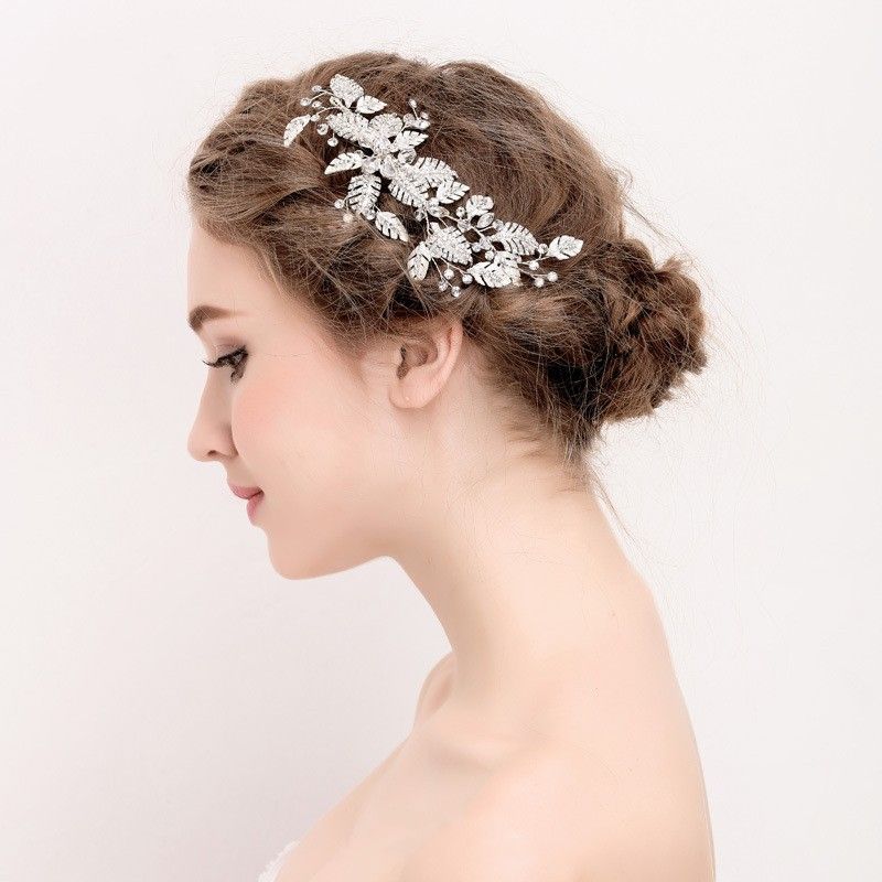 2020 Beijia New Silver Leaf Hair Ornaments Bridal Clip Rhinestone