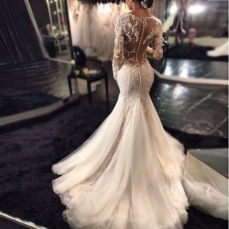 Lace Mermaid 2017 Breathtaking Wedding Dresses V Neck Long Sleeve Modern Bridal Gowns Covered Button Sweep Train Wedding Dress From Blissbridal 148 05 Dhgate Com