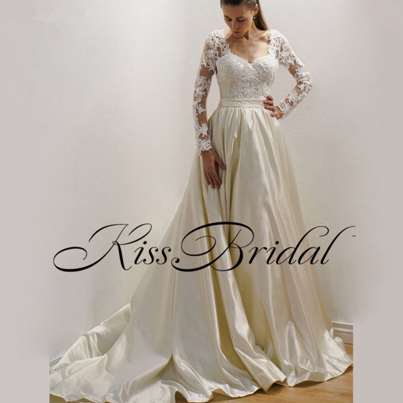 Discount Lace Satin Long Sleeves Wedding Dresses Illusion Back