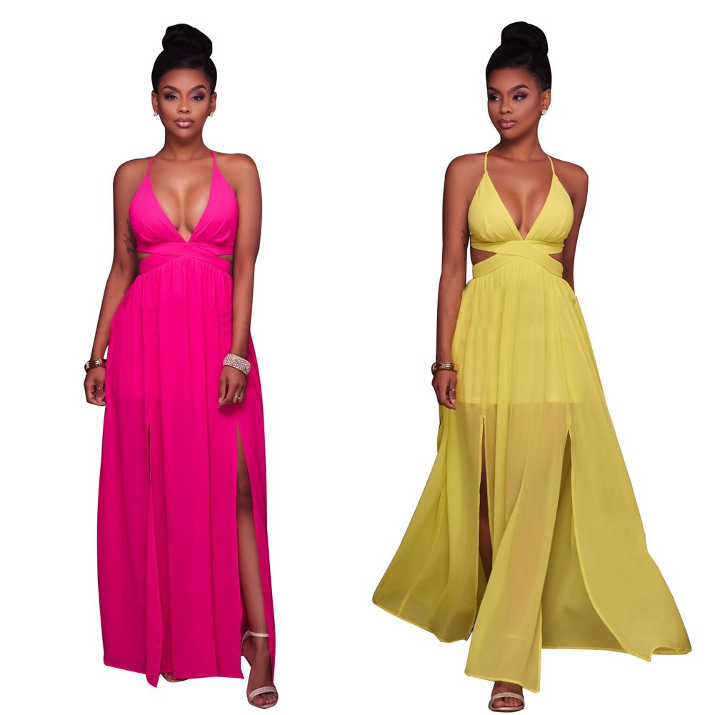 Compre Verão Maxi Vestido Longo Fenda Alta Sexy Cut Out Mulheres Halter V  Profundo Neck Beach Strap Costas Cruz Vestidos De Festa Vestidos Barato |  Entrega Rápida E Qualidade | Pt.Dhgate